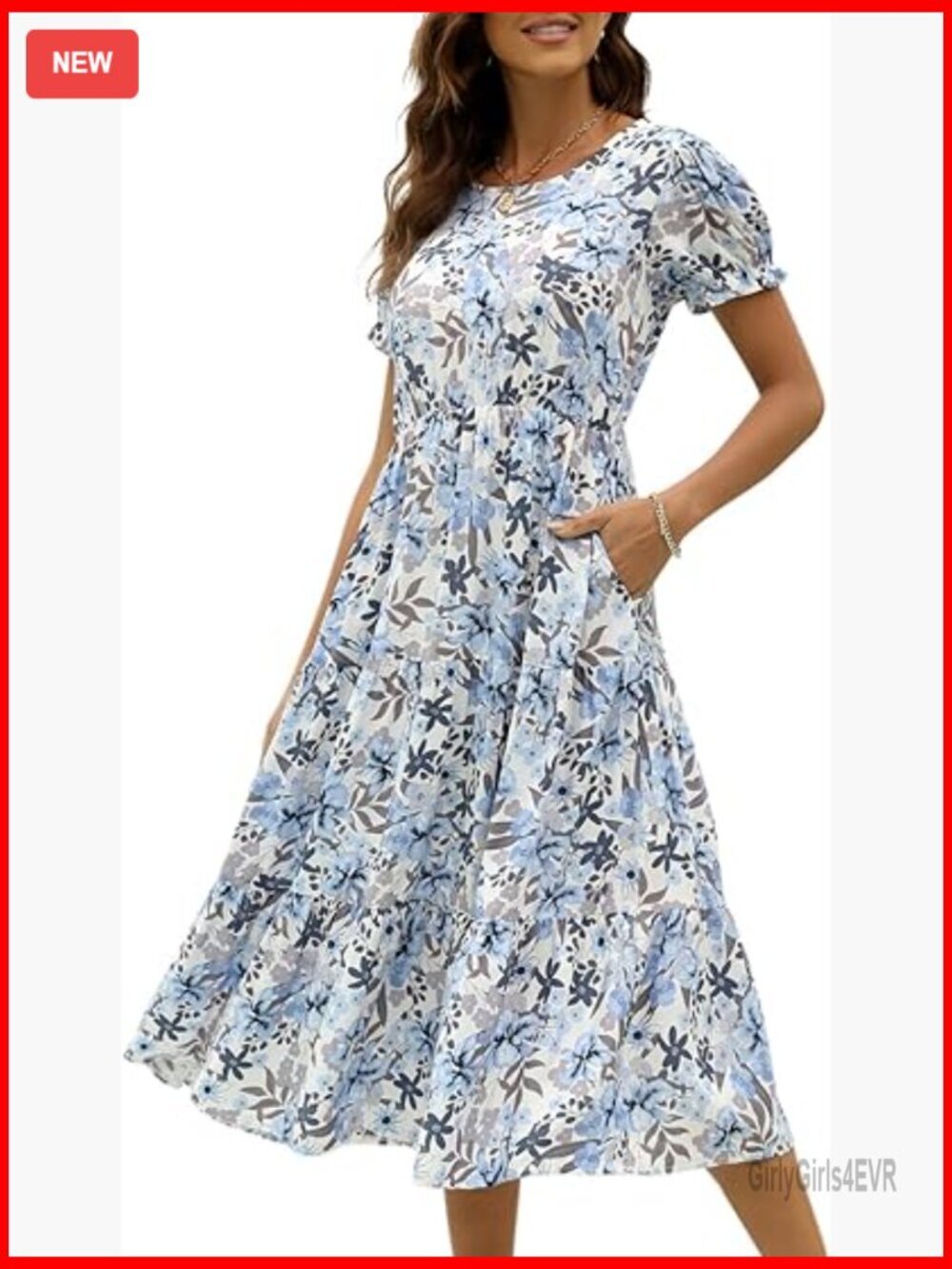 Floral Midi Dress with Pockets, Puff Sleeve, Tiered A-Line